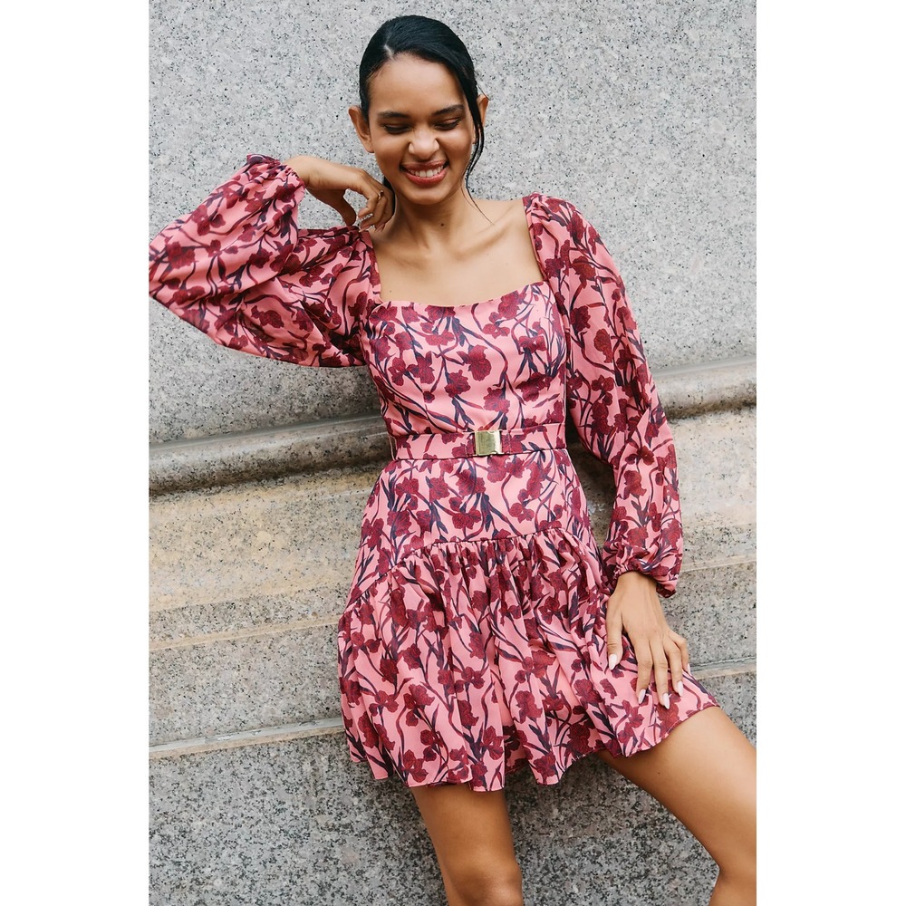 Hutch Dahlia Long Sleeve Drop Waist Square Neck Belted Mini Dress Floral Pink 0